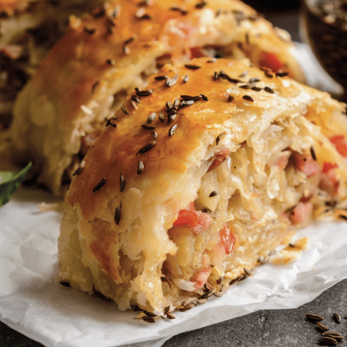Savoury strudel with cooked ham and mushrooms