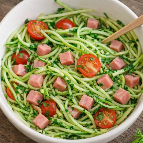 Noodle di zucchine con cubetti di cotto