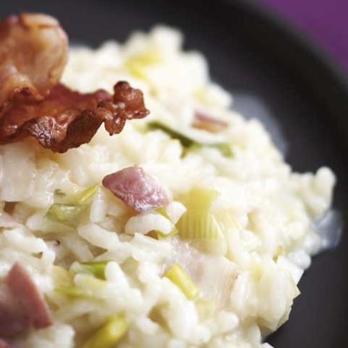 Leek and crisp pancetta risotto with cooked ham