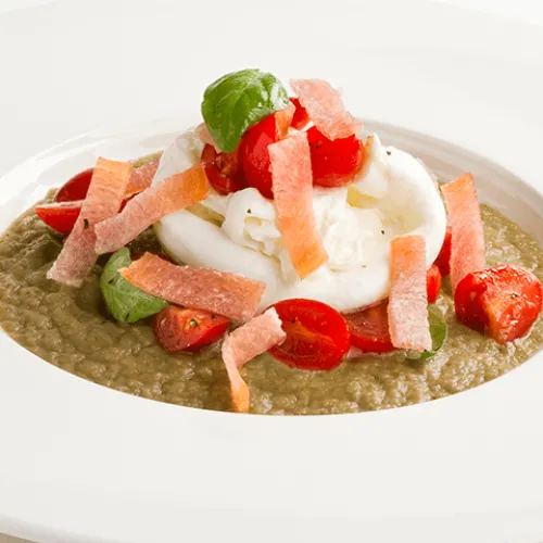 Crema di melanzane con burrata e pomodorini