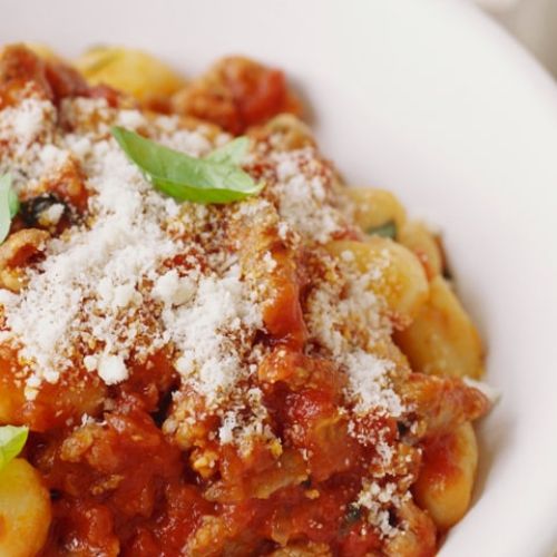 Gnocchetti served with a salami meat sauce
