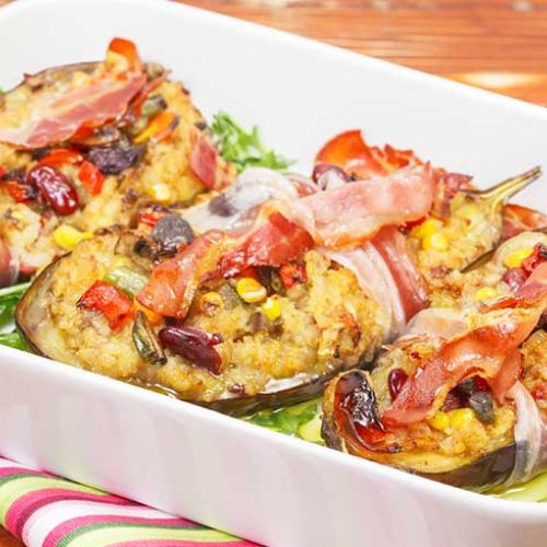 Aubergine filled with sausage and pancetta