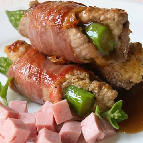 Messicani glassati ripieni di prosciutto cotto e asparagi