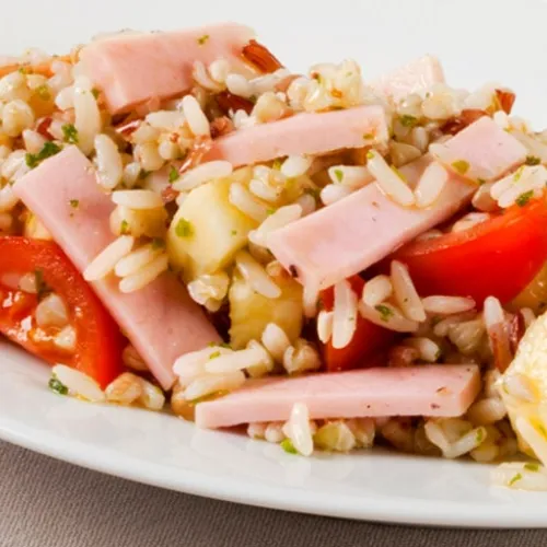 Riso e cereali con tacchino e ananas,