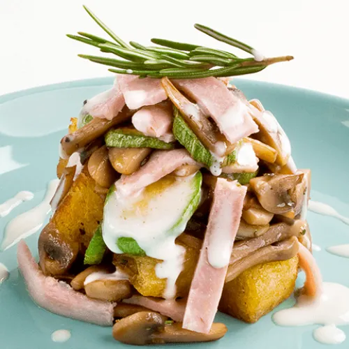 Verdure trifolate con formaggio e prosciutto cotto