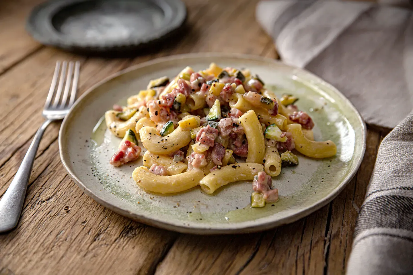 Pasta con gorgonzola, zucchine e pancetta